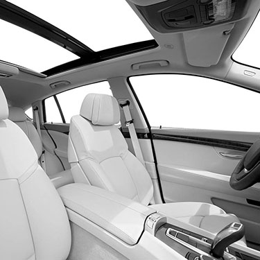 Seats and panarama window in modern white sport car, back view